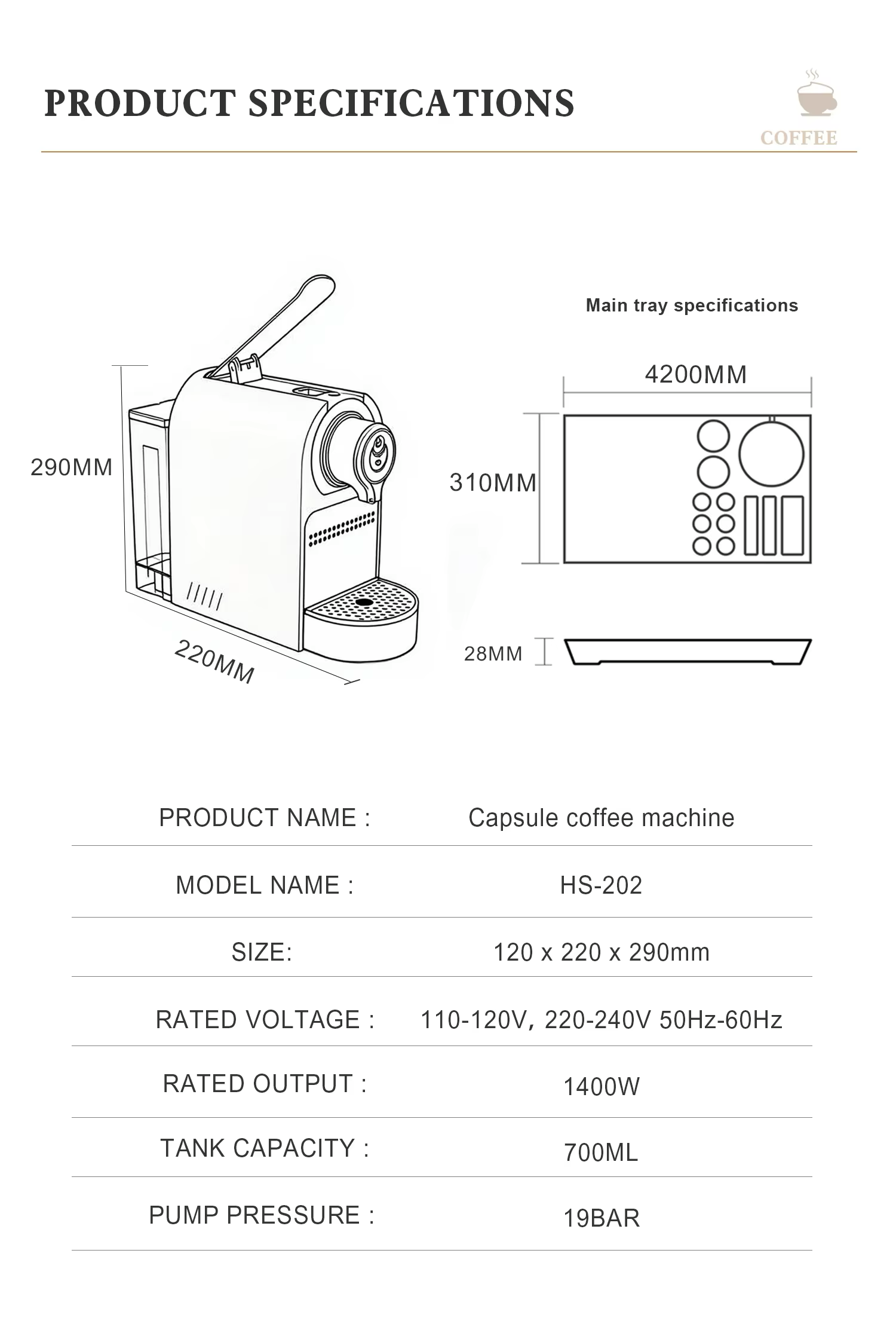 Hotel Guestroom Capsule Coffee Machine and Kettle Set with Wooden Tray, 1.2L capacity, 304S/S Kettle, N42-HS-202B-H1205 manufacture