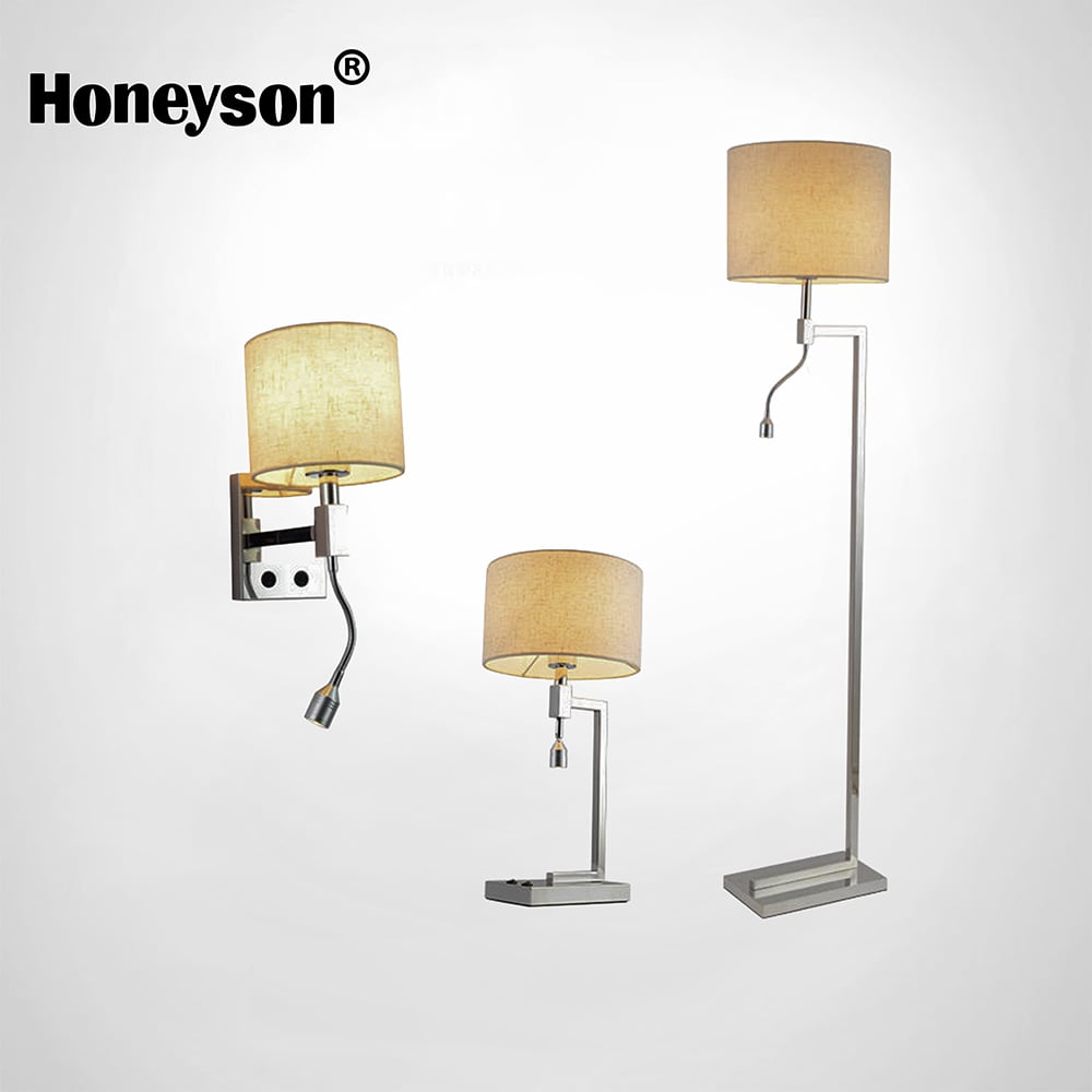 Modern Minimalist 5 Star Luxury Stainless Steel Linen LED Bedside Lamp Wall/Floor Lamp Customizable Color Logo for Hotel Guest L-02 