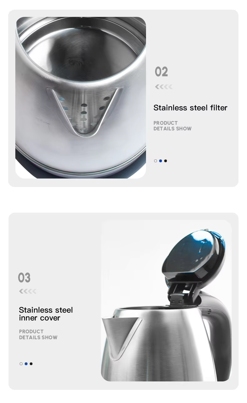 Hotel Guestroom Kettle - 1.2L capacity, single-wall body - brushed silver style kettle, H1202 details