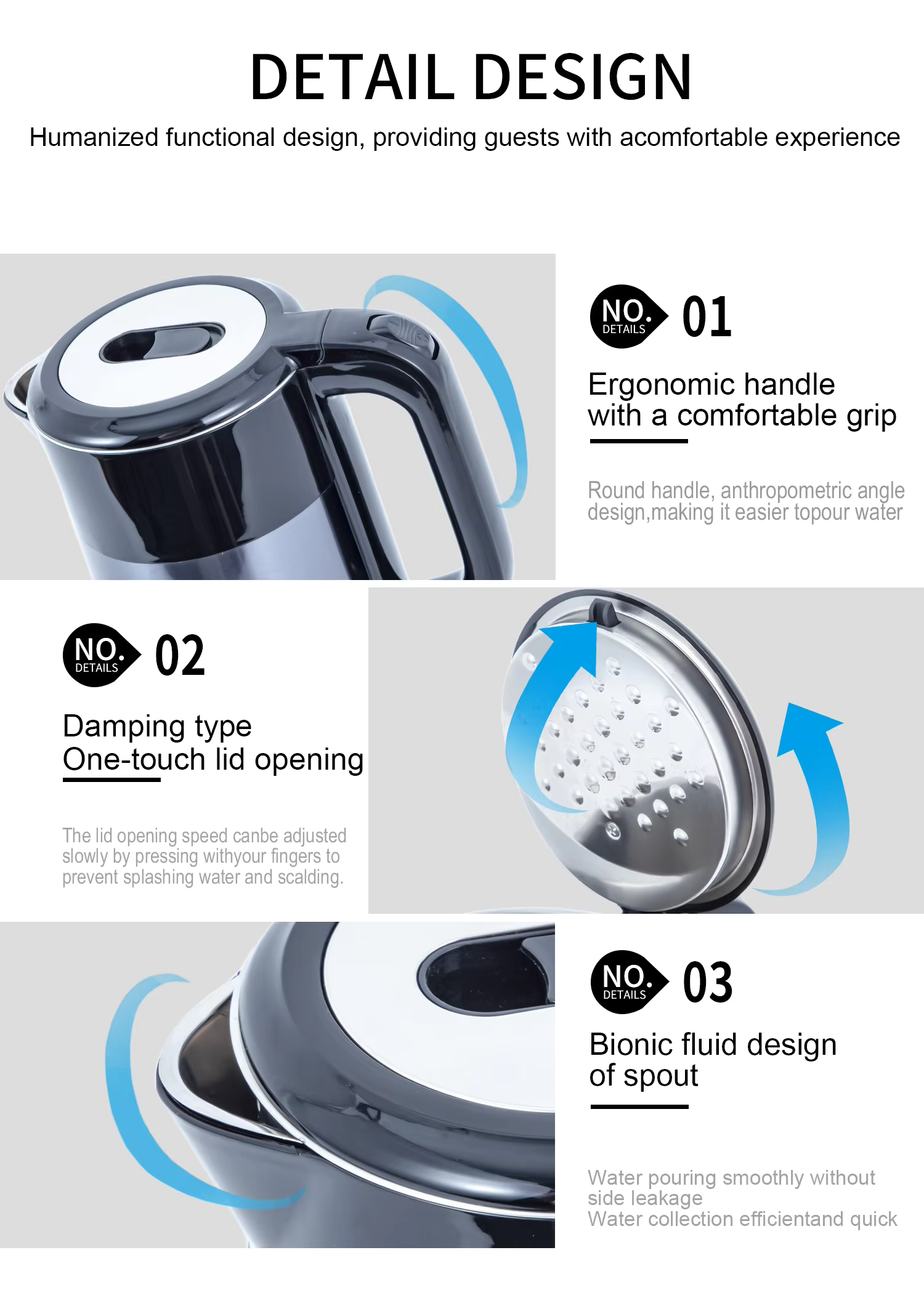 Hotel Guestroom Kettle ; 1.0L capacity, double body ; cool touch style kettle, H1015 manufacture