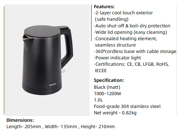 Hotel Guestroom Kettle, 1.0L Capacity, Double Body, Cool Touch Style Kettle,. H1012, Black Kettle details
