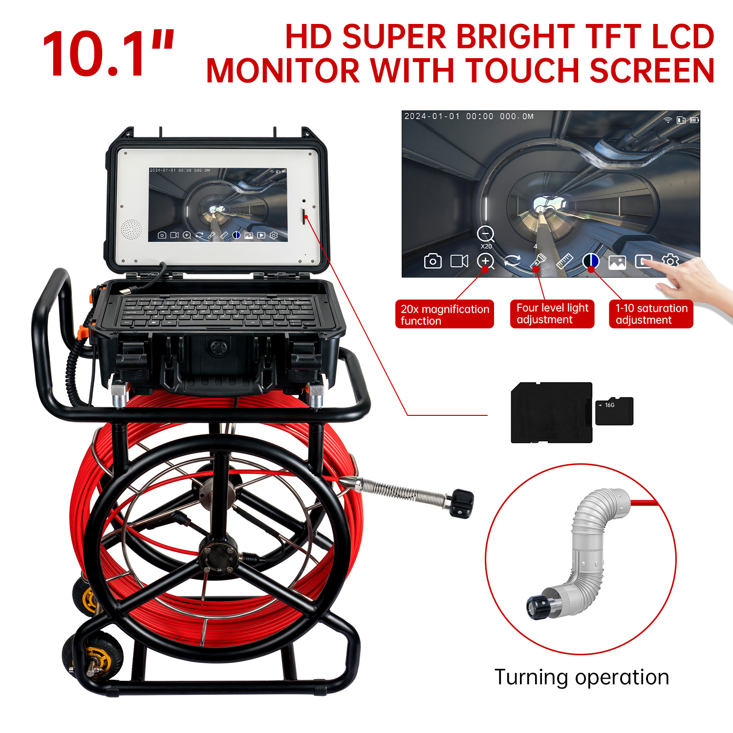 10,1 tommer HD1080P skærm kloak-inspektionskamera med 512 Hz sonde + selv-nivellerende funktion, WIFI og 16 GB DVR video- og lydoptagelse