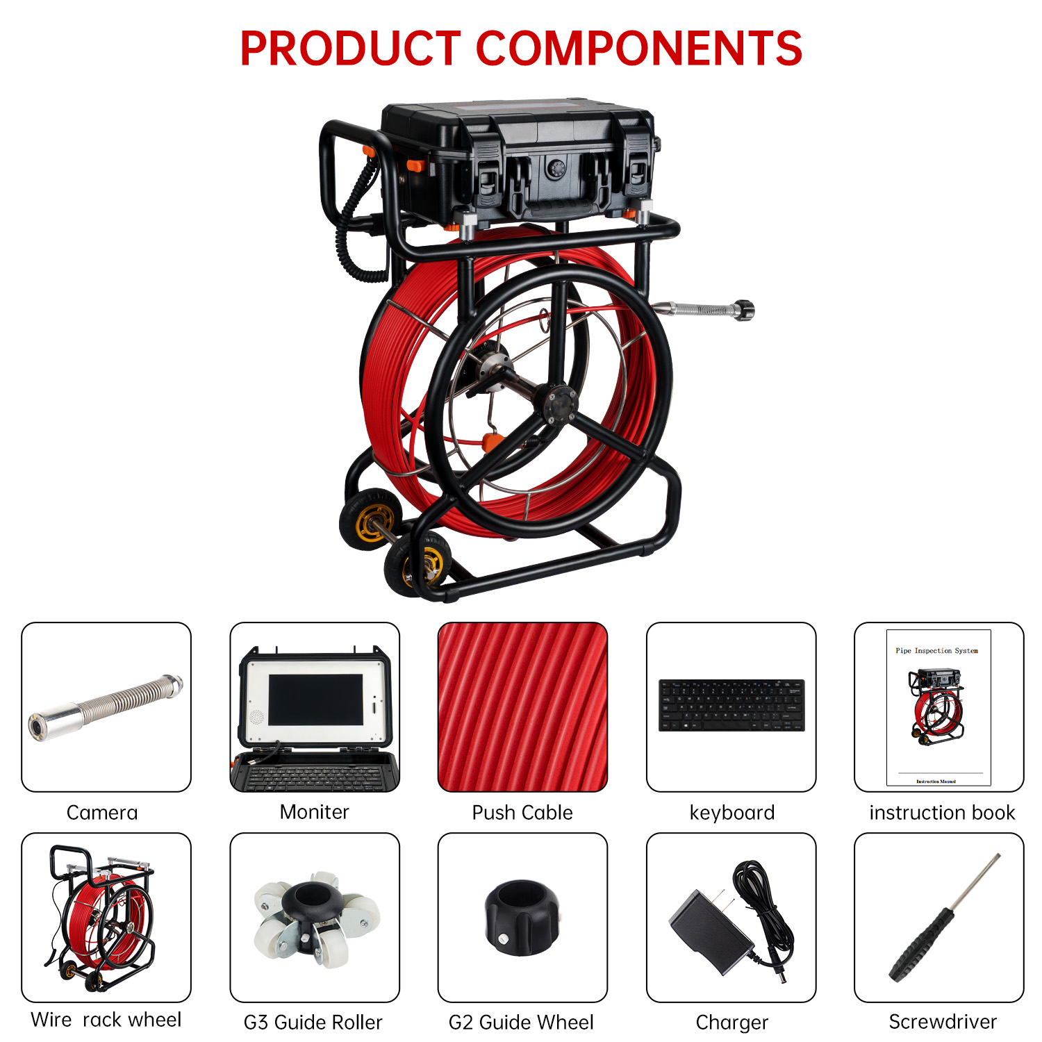 10,1 tommer HD1080P skærm kloak-inspektionskamera med 512 Hz sonde + selv-nivellerende funktion, WIFI og 16 GB DVR video- og lydoptagelse