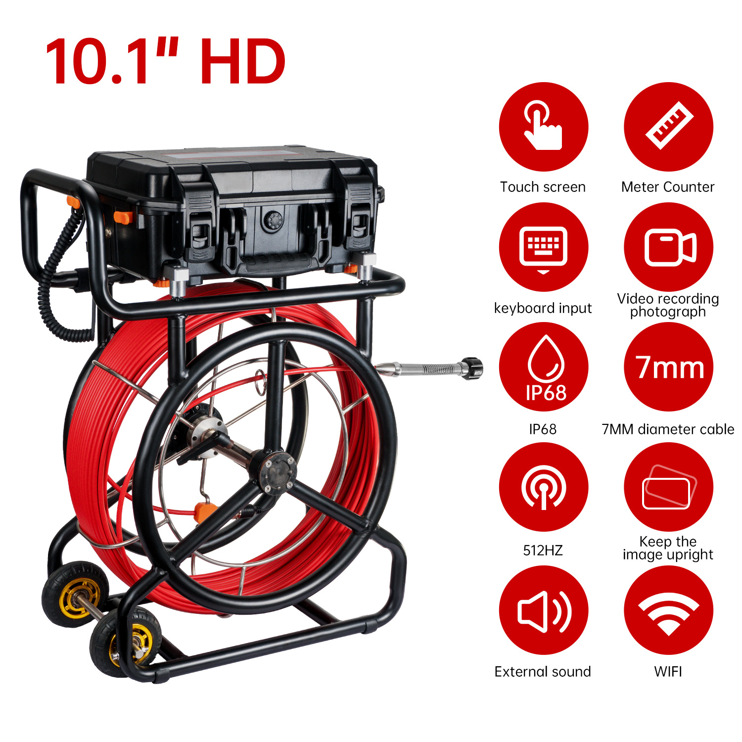 10,1 tommer HD1080P skærm kloak-inspektionskamera med 512 Hz sonde + selv-nivellerende funktion, WIFI og 16 GB DVR video- og lydoptagelse