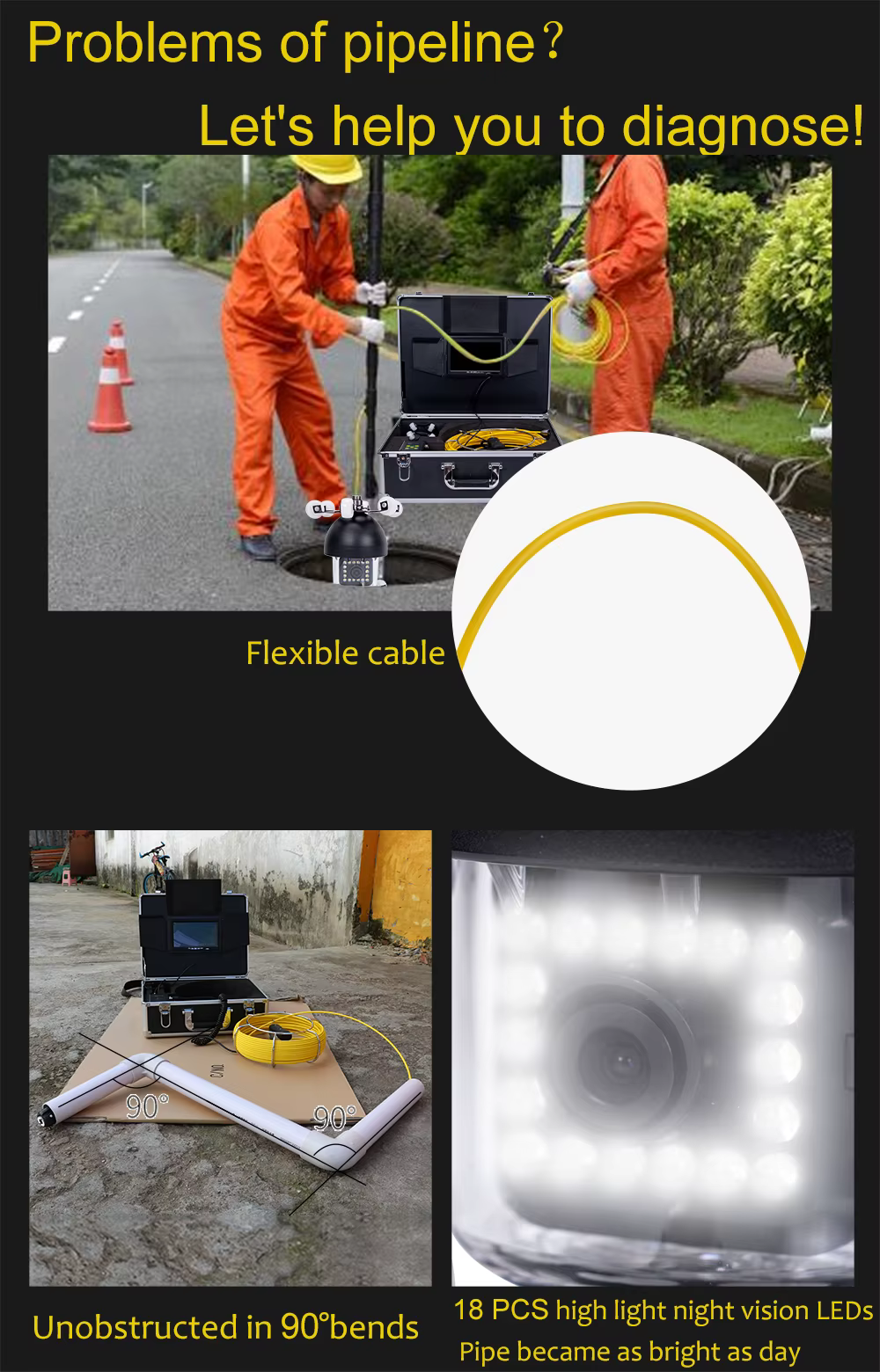 Factory 7 Inch Monitor Drain Sewer Pipe Camera with 360 degrees Camera Head, IP68 Waterproof Pipe Camera manufacture