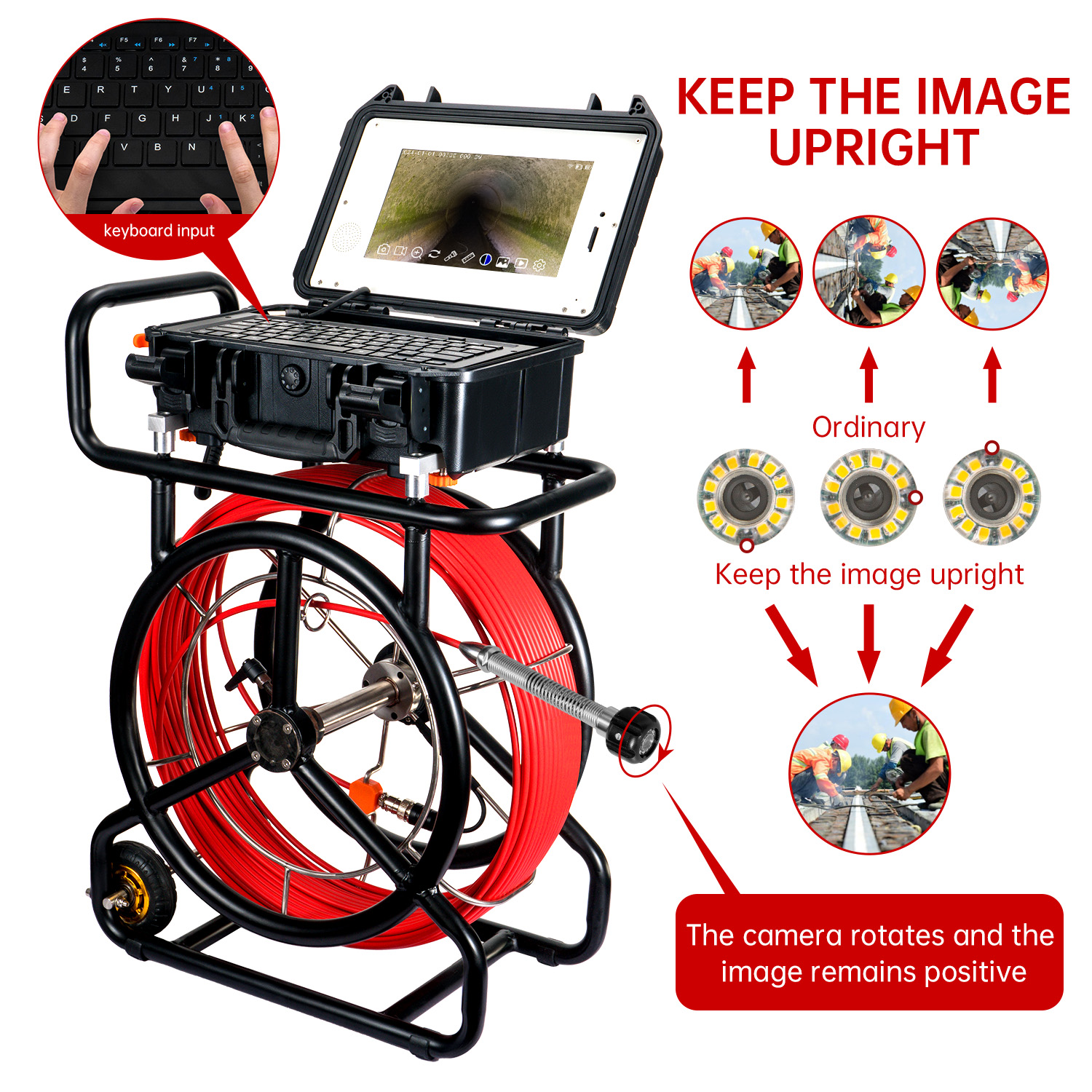 10,1 tommer HD1080P skærm kloak-inspektionskamera med 512 Hz sonde + selv-nivellerende funktion, WIFI og 16 GB DVR video- og lydoptagelse