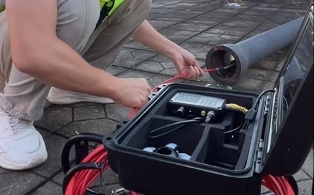 Sewer inspection camera is checking pipeline