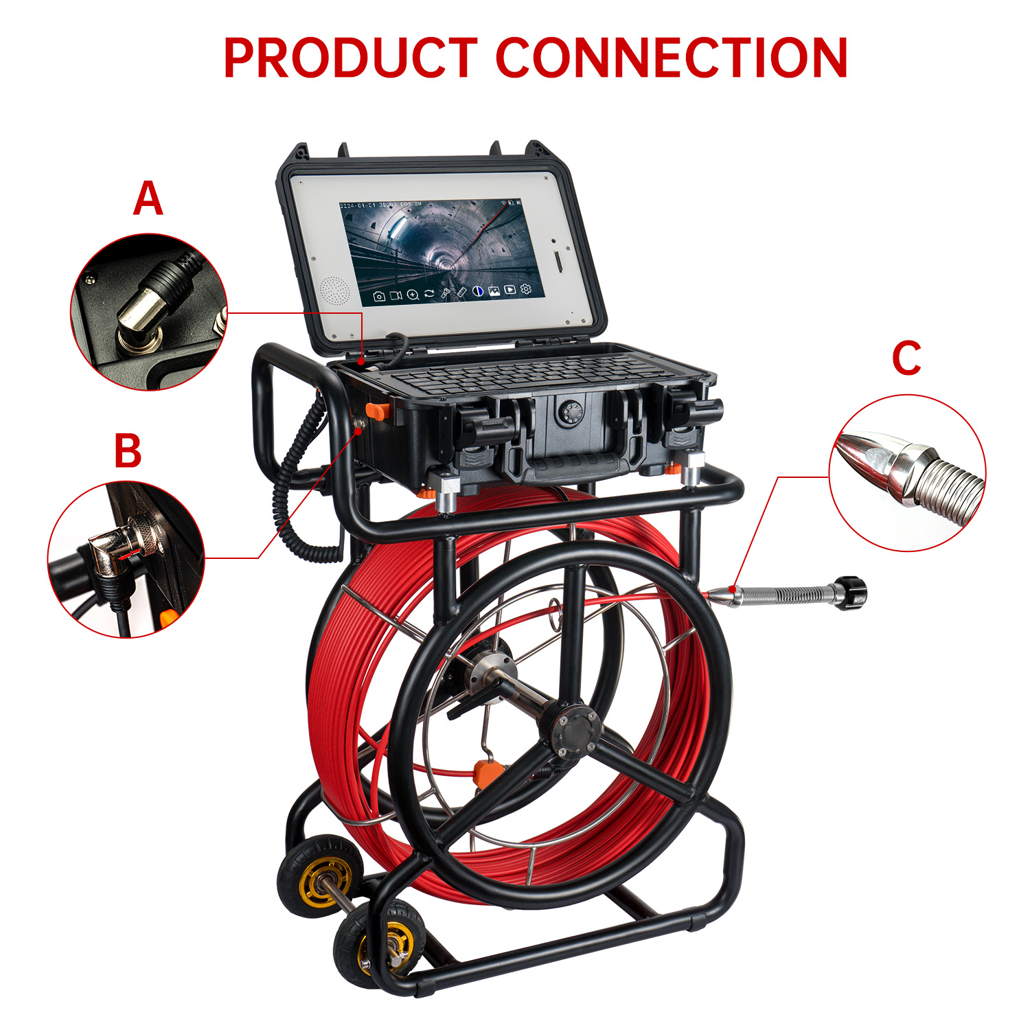 10,1 tommer HD1080P skærm kloak-inspektionskamera med 512 Hz sonde + selv-nivellerende funktion, WIFI og 16 GB DVR video- og lydoptagelse
