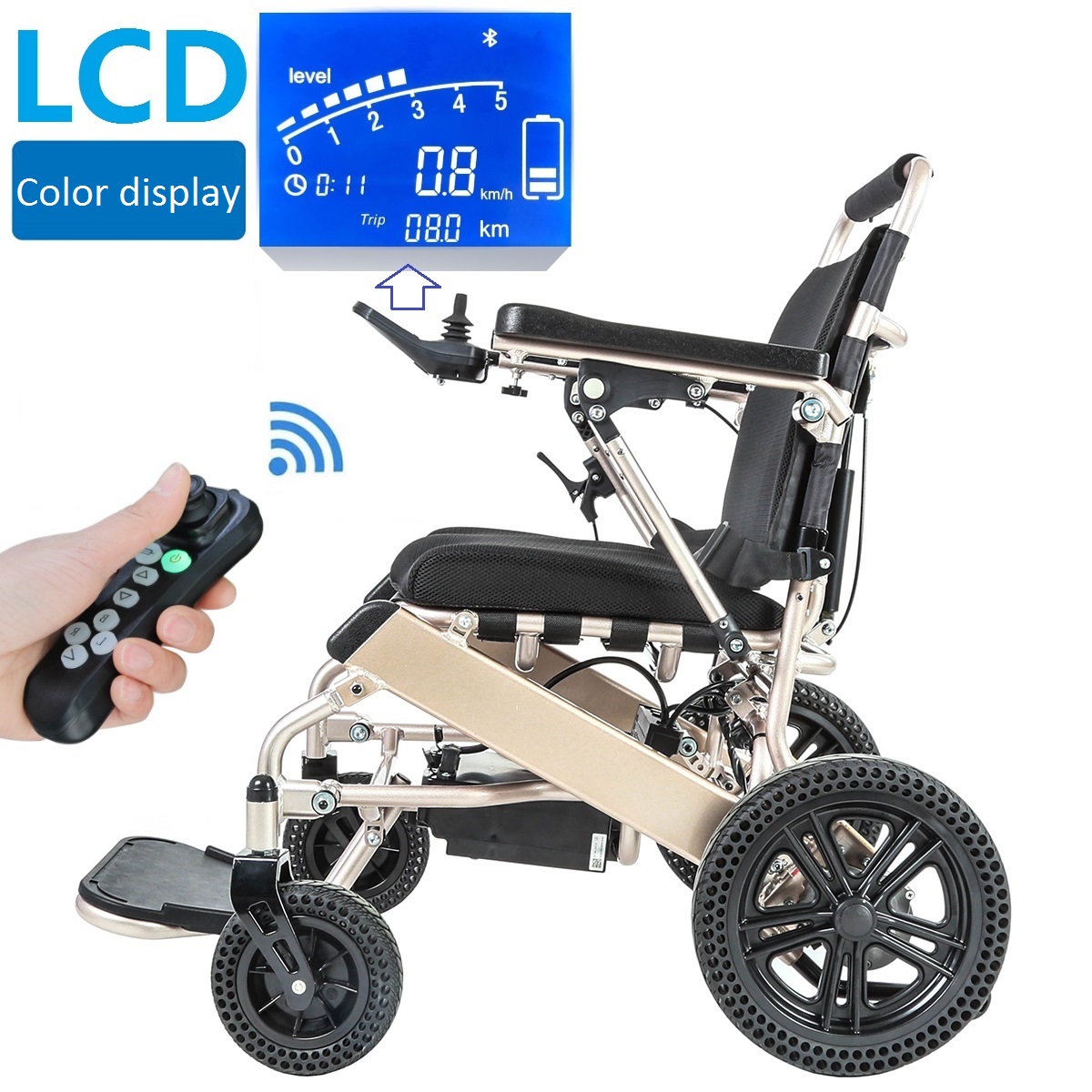 KSM-601L Foldable Lightweight Electric Wheelchair With Backrest Reclining function LCD Joystick and Honeycomb Solid Wheel Motorized Wheelchairs