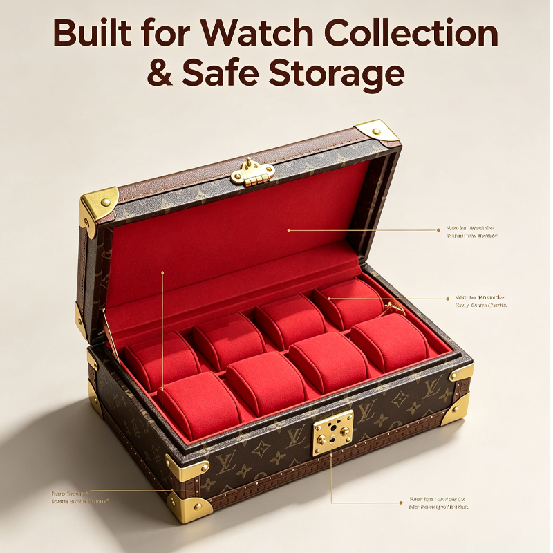 dark grey cowhide texture watch collector box 8 position velvet cushion interior metal corner protector secure lock watch organizer case-1