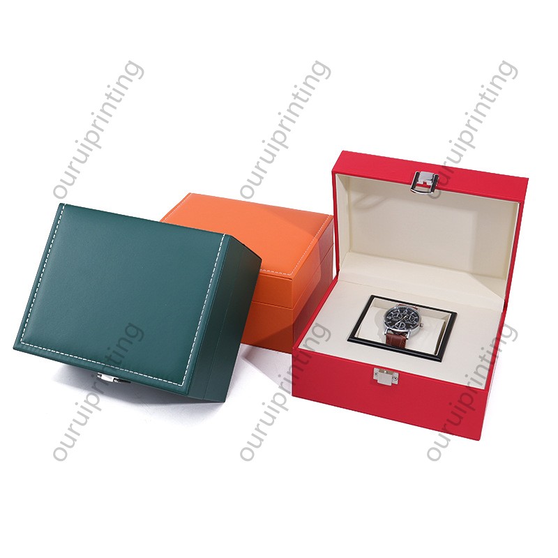 Colorful PU Leather Single Watch Box with Metal Lock, Stitched Luxury Wristwatch Storage Case Soft Lining Watch Gift Packaging Box Custom Logo Wholesale