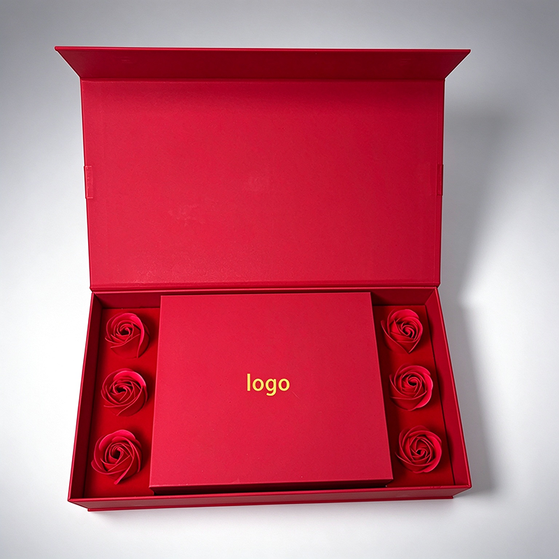 Custom Logo Luxury Red Magnetic Gift Box With Artificial Rose, Foldable Rigid Paper Box For Jewelry Cosmetic Valentine Gift Packaging