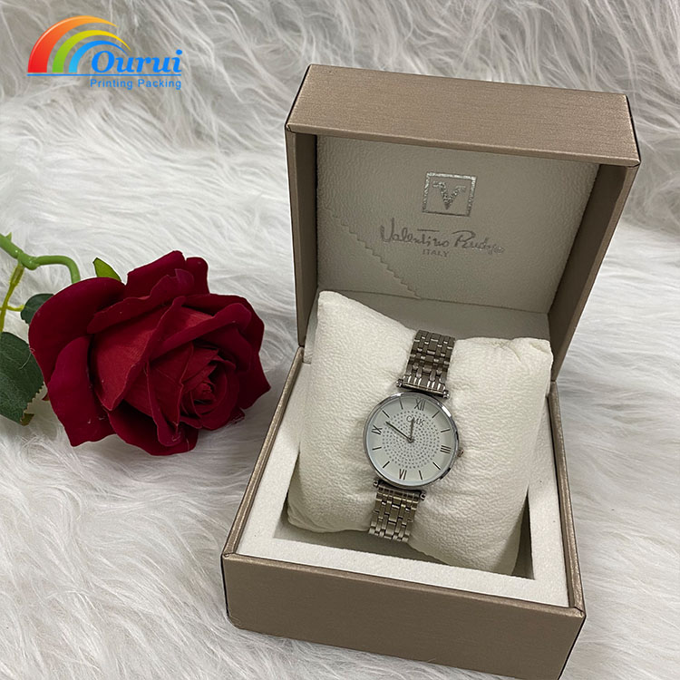 Luxury Champagne Gold Flip Watch Gift Box Custom Silver Embossed Logo Cardboard Watch Packaging Box With Soft Velvet Cushion For Wrist Watch Brand Retail Gift Packaging