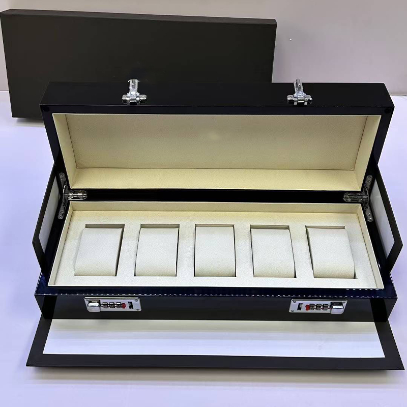 5 Slots High Gloss Wooden Watch Storage Box Double Password Lock Luxury Watch Display Case with Soft Velvet Lining for Watch Collection