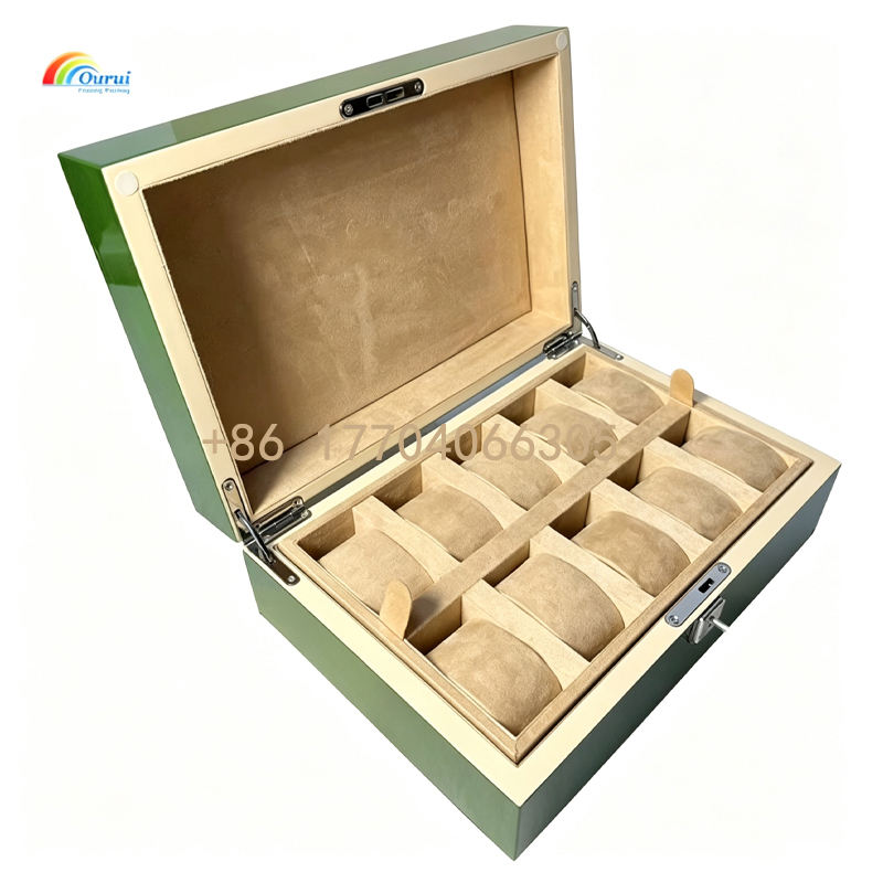 Green Wooden Watch Box 10 Slots, Piano Finish Solid Wood Watch Storage Case With Lock, Velvet Interior Watch Display Box For Men Watch Collection