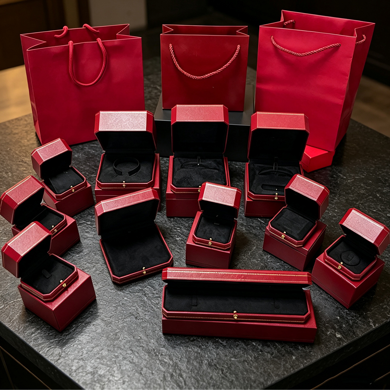 Wholesale Luxury Red Cartier Octagonal PU Jewelry Box Full Set Black Velvet Interior Ring Bracelet Storage Packaging With Matching Gift Bag For Boutique Retail