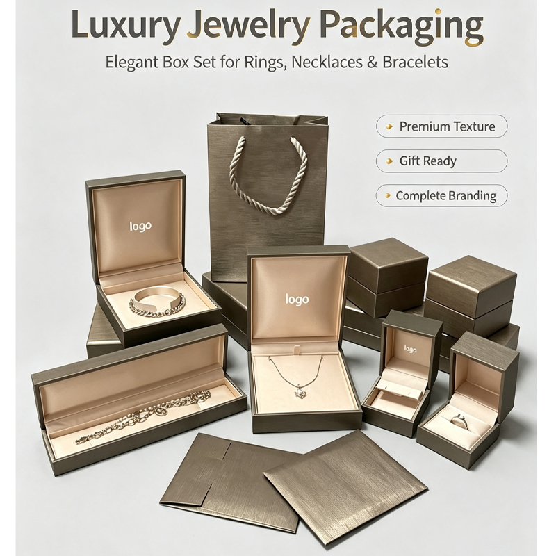 bronze pu jewelry box set custom logo ring necklace bracelet packaging box complete gift box with matching paper bag envelope for jewelry brand-1
