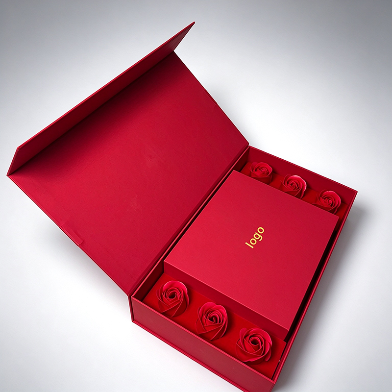 Custom Logo Luxury Red Magnetic Gift Box With Artificial Rose, Foldable Rigid Paper Box For Jewelry Cosmetic Valentine Gift Packaging