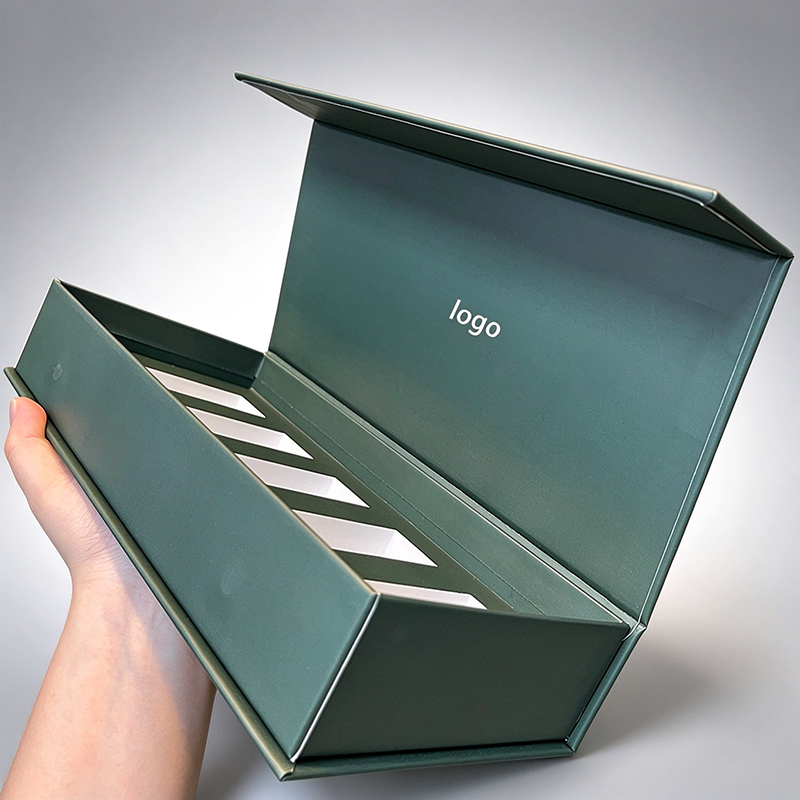 Custom Logo Dark Green Rigid Magnetic Gift Box, 5 Slots Essential Oil Paper Packaging Box For Essential Oil Bottles, Customizable Insert