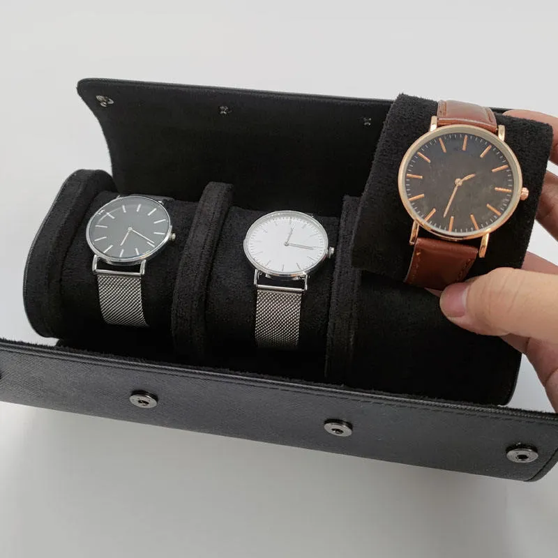 3 slot black PU leather watch roll travel case, triple watch holder holds 3 wristwatches for home and travel(844b098d88).png