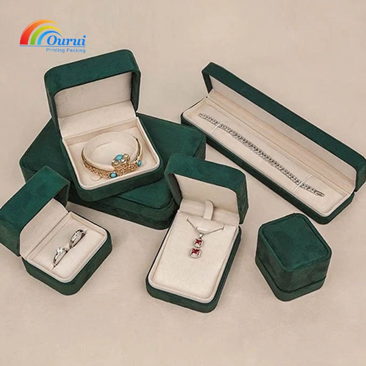 Dark Green Velvet Jewelry Box Set - Luxury Ring/Necklace/Bracelet Box for Wedding & Gift Packaging