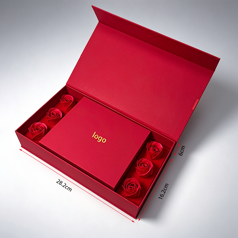 Custom Logo Luxury Red Magnetic Gift Box With Artificial Rose, Foldable Rigid Paper Box For Jewelry Cosmetic Valentine Gift Packaging