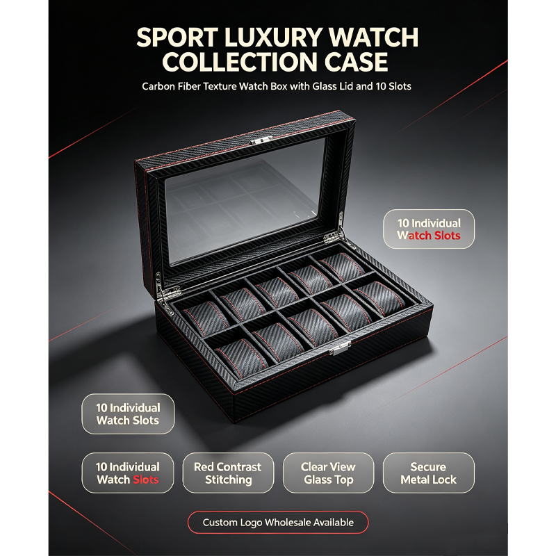 10 slots carbon fiber pu leather watch storage box red contrast stitching glass top velvet watch pillows collector display organizer case with metal lock-2