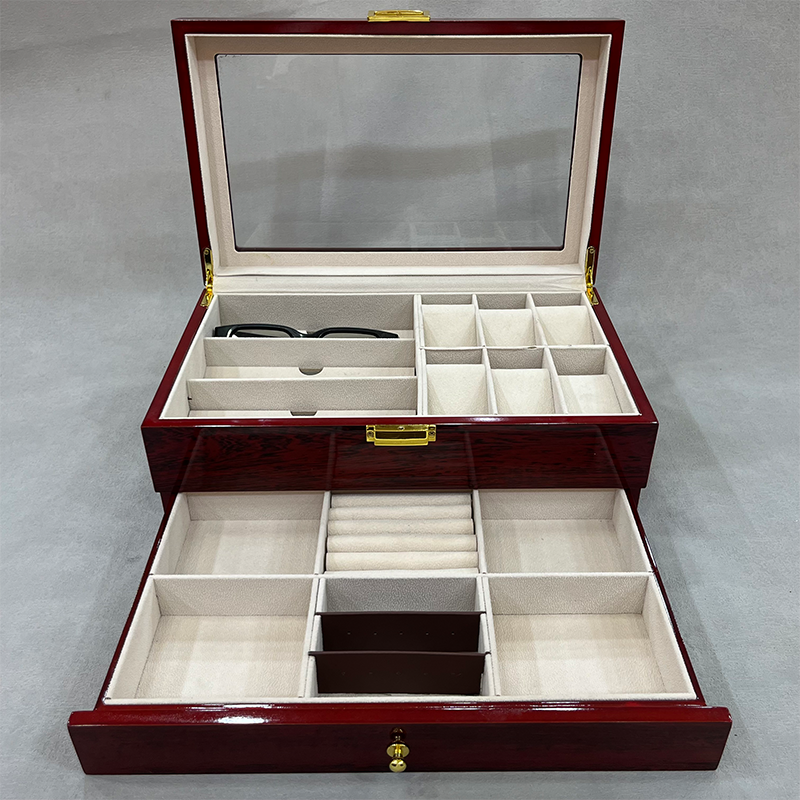 Wholesale 2-Tier Wood Jewelry Watch Sunglasses Storage Box Lockable Wooden Eyewear Collection Display Organizer Box Custom Logo