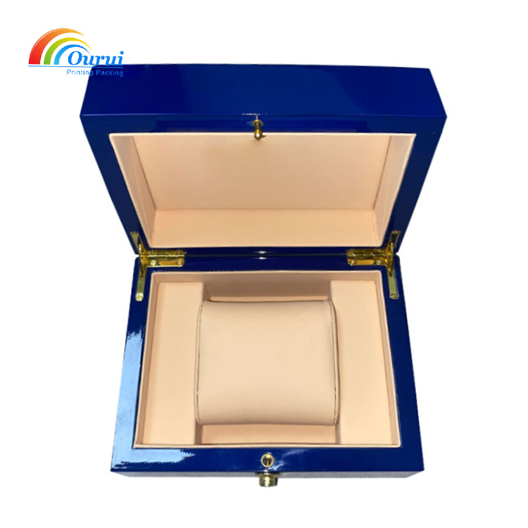 Custom Logo Luxury Blue Lacquered Wooden Watch Box with Lock, Single Watch Storage Box with Pillow, High Gloss Finish Watch Packaging Case