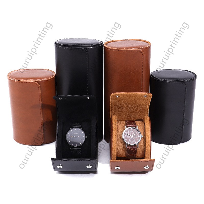 Portable Single Watch Travel Case PU Leather Cylindrical Watch Storage Box Custom Logo Wristwatch Protective Gift Box For Business Travel