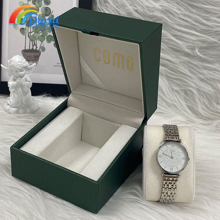Luxury Dark Green Paper Watch Gift Box Custom Gold Foil Logo Flip Watch Packaging Box With Velvet Insert For Wrist Watch Brand Packaging