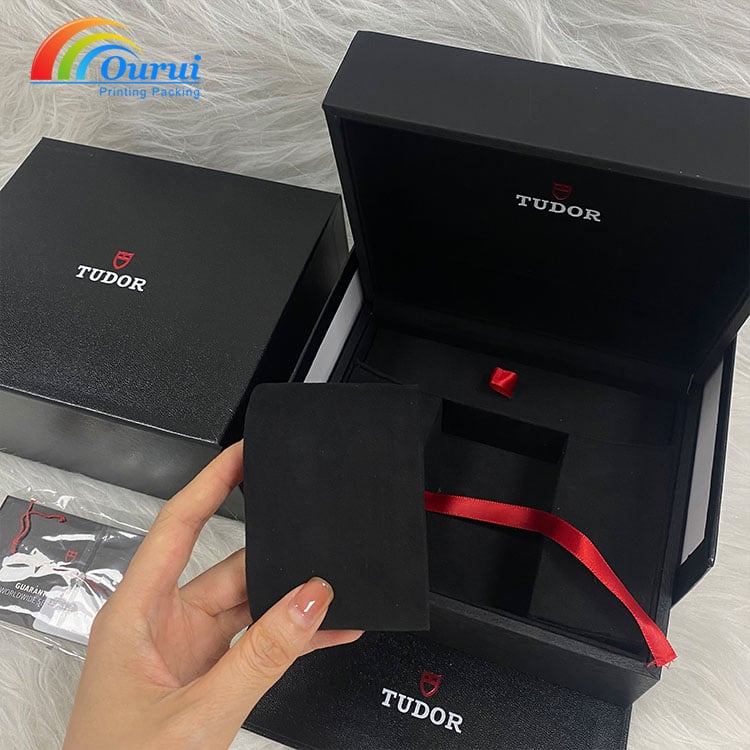Luxury Custom Logo Watch Box for Tudor Black Rigid Paper Watch Packaging Box with Pillow