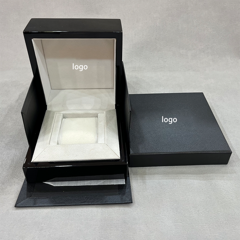 Custom Logo Double Door Black Wooden watch Box Luxury Engagement Ring Jewelry Gift Packaging Box With Microfiber Liner