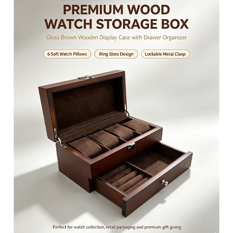 dark brown solid wood watch storage box double layer drawer velvet lined 4 slots watch pillow ring bracelet jewelry organizer display case-1
