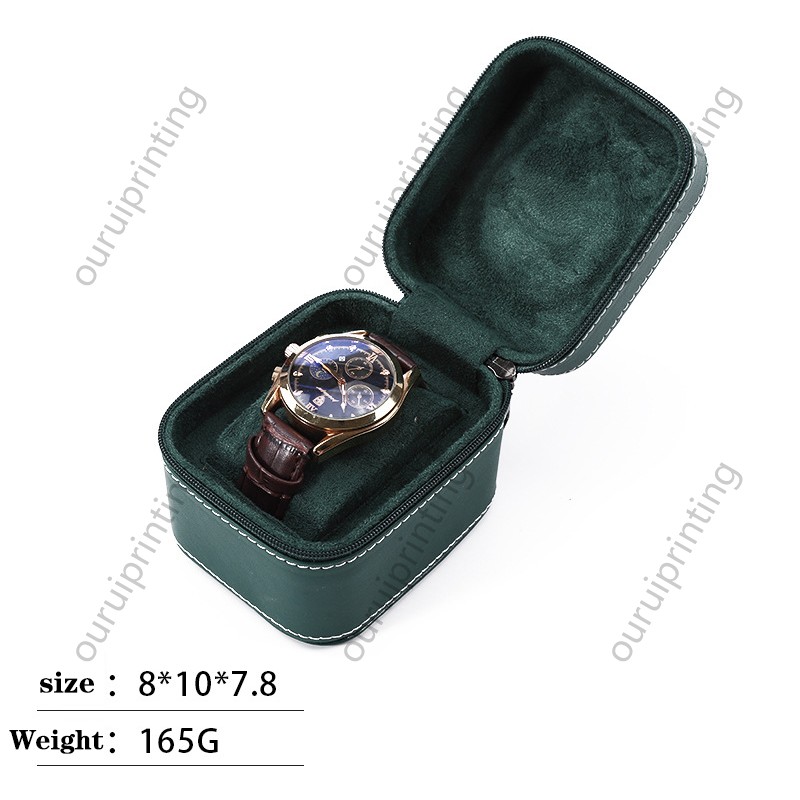 Single Watch Travel Case Portable PU Leather Watch Storage Box with Zipper, Green Velvet Interior Single Wristwatch Holder Organizer for Travel Business Gift