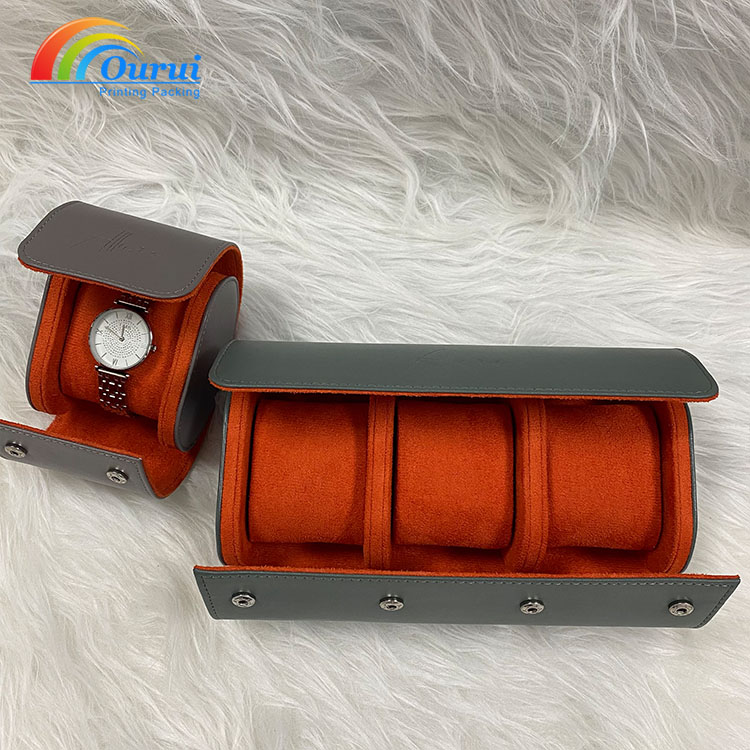 Custom Logo Leather Watch Roll Case 1/3 Slots Travel Watch Storage Roll With Orange Velvet Lining