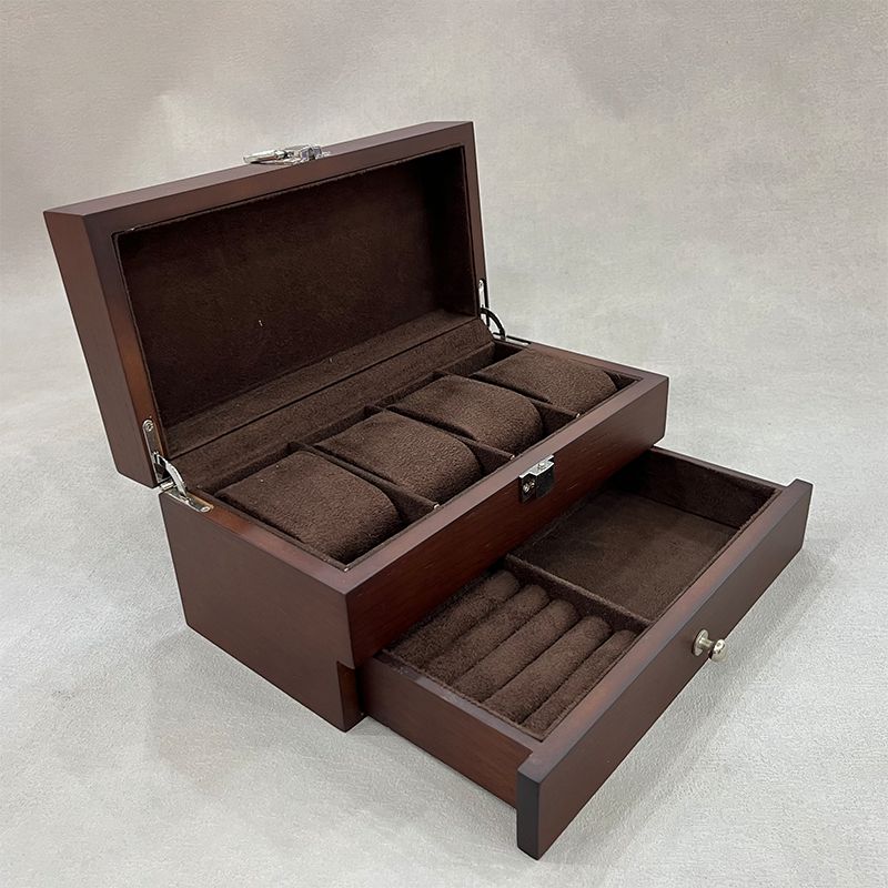Dark Brown Solid Wood Watch Storage Box Double Layer Drawer Velvet Lined 4 Slots Watch Pillow Ring Bracelet Jewelry Organizer Display Case