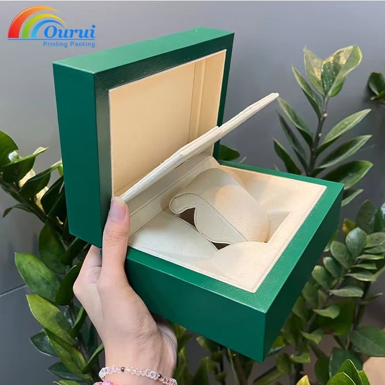 Luxury Green Rolex Leather Watch Box, Custom Logo Rigid Gift Packaging Box for Single Mechanical Watches