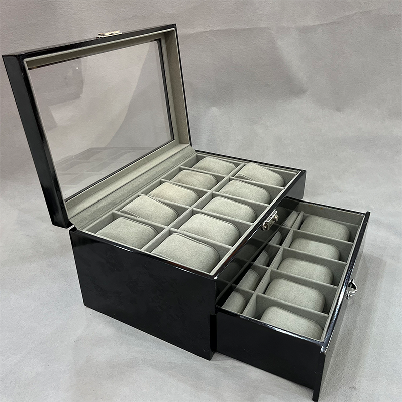 Glossy Black Piano Paint Wooden Watch Storage Box Double Layer Drawer Glass Top 20 Slots Watch Display Organizer Case With Removable Watch Pillows
