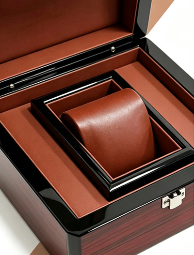 Open red-brown wooden watch box showing interior lining and cushion detail.jpg