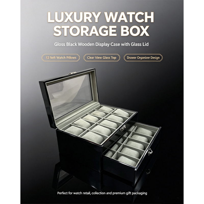 glossy black piano paint wooden watch storage box double layer drawer glass top 20 slots watch display organizer case with removable watch pillows-1
