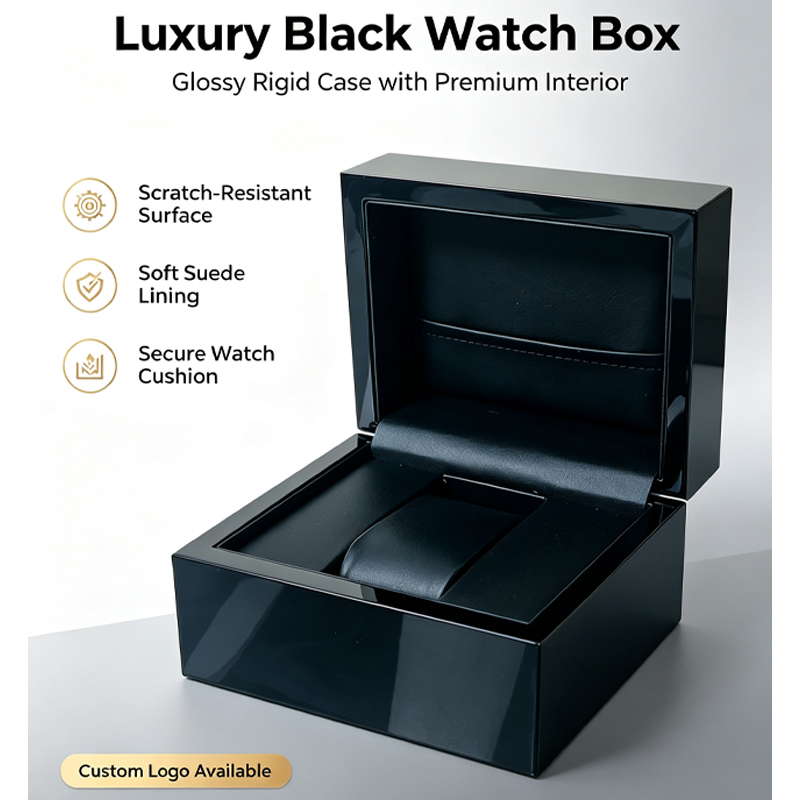Black Wooden Watch Box with Piano-Gloss Lacquer and PU Leather Lining