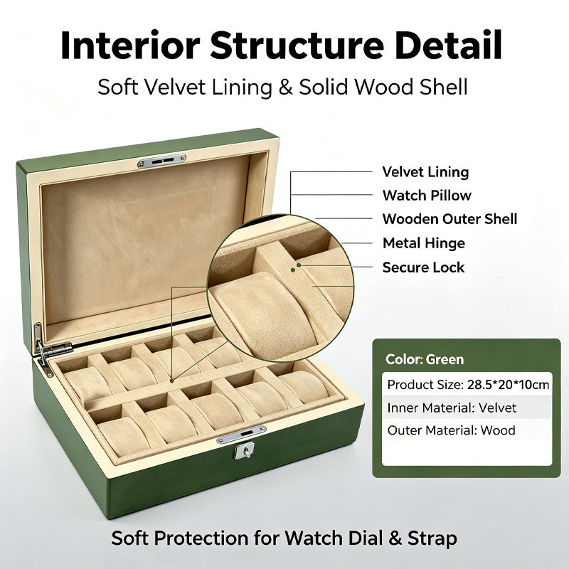 Green Wooden Watch Box 10 Slots, Piano Finish Solid Wood Watch Storage Case With Lock, Velvet Interior Watch Display Box For Men Watch Collection