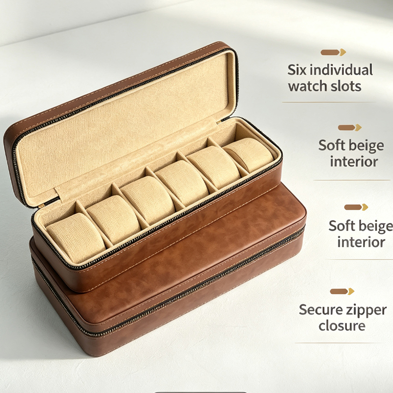 6 slots vintage brown pu leather travel watch storage case zipper portable watch collection box custom logo watch display organizer box-1