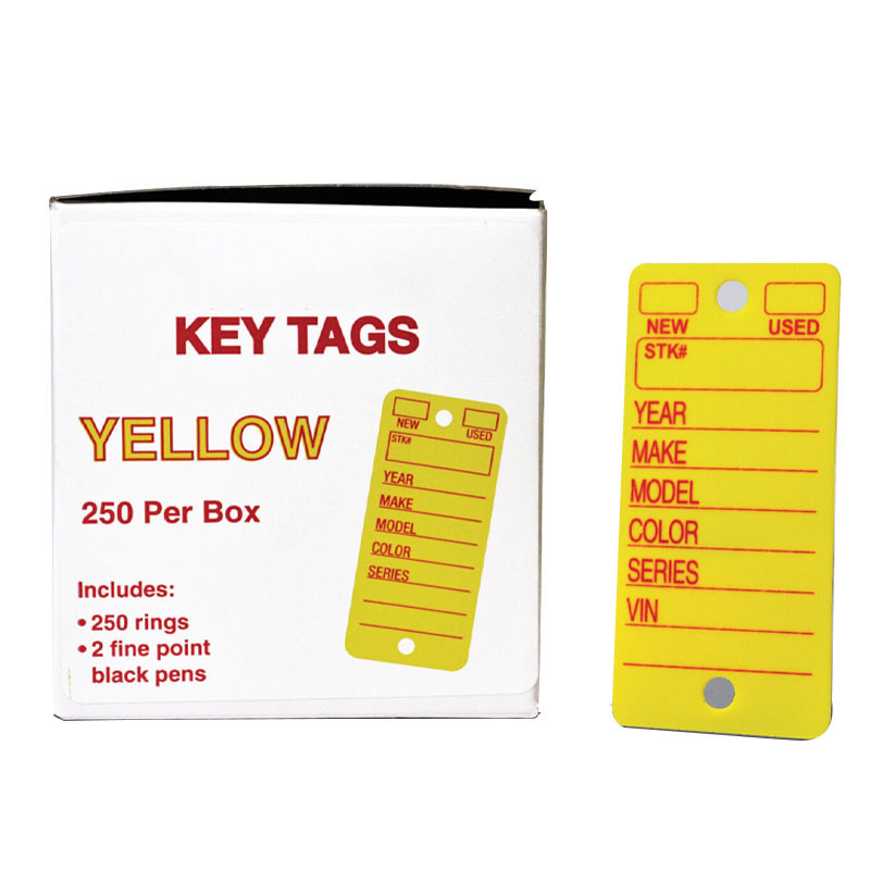 Wholesale Yellow Auto Dealer Key Tags With Key Rings & Pens, 250pcs Per Box, New Used Vehicle Writeable Key Labels For Car Dealership Inventory Management