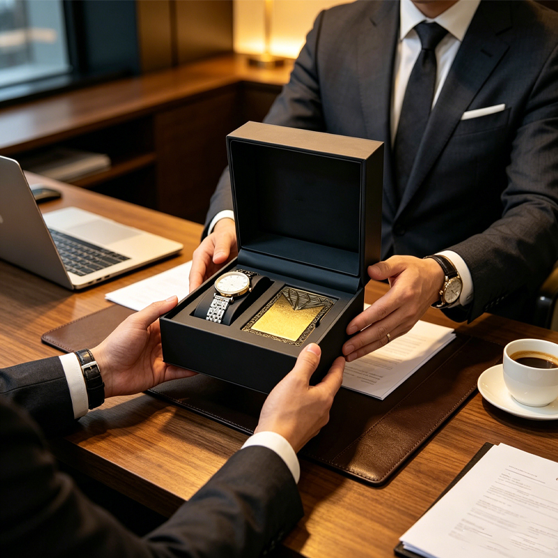 luxury watch gift box set matte black pu leather watch case with watch gift bag cleaning cloth card custom logo business gift-1
