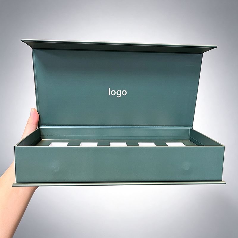 Custom Logo Dark Green Rigid Magnetic Gift Box, 5 Slots Essential Oil Paper Packaging Box For Essential Oil Bottles, Customizable Insert