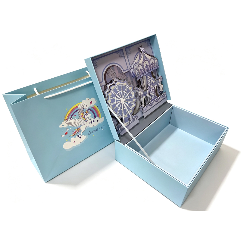 Custom Gift Box with 3D Pop-Up Liner and Matching Paper Bag