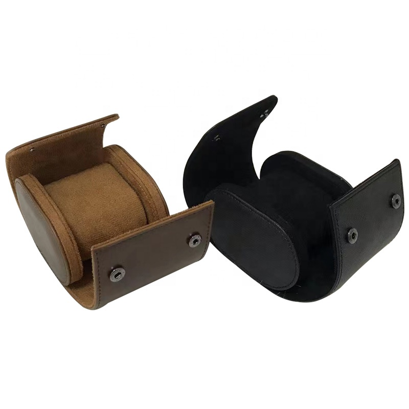 single watch travel case pu leather watch storage pouch portable snap button watch roll box custom logo wristwatch protective holder-1