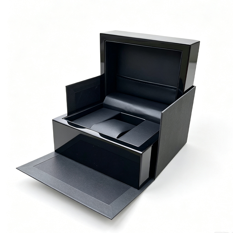 Black Wooden Watch Box with Piano-Gloss Lacquer and PU Leather Lining